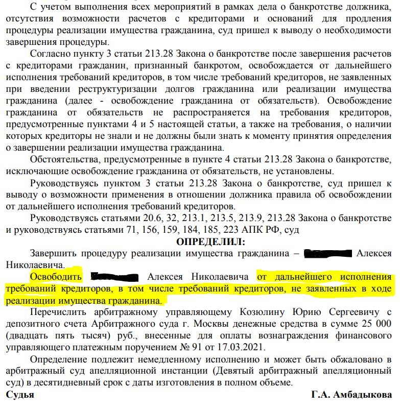 Определение о списании долгов